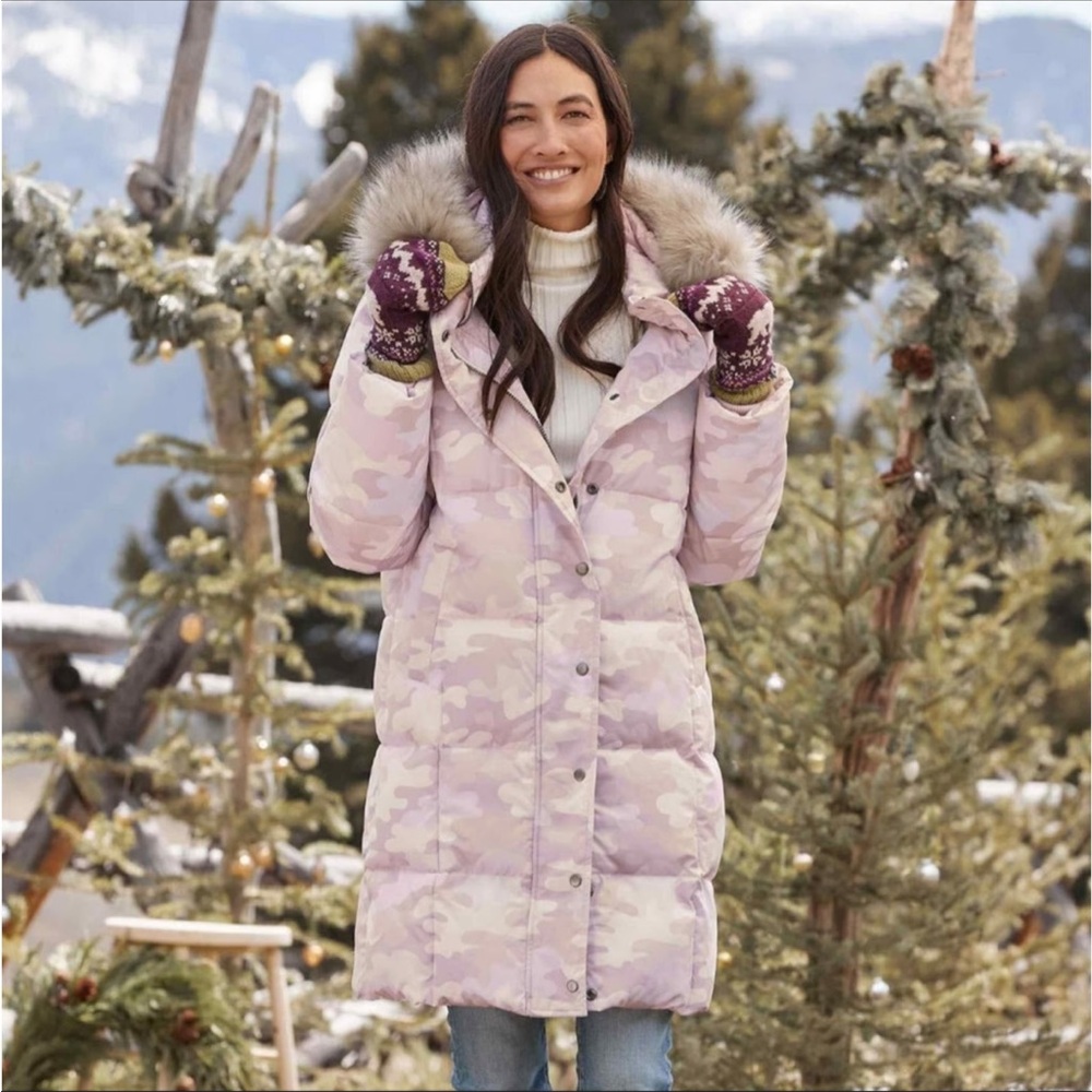 Sundance Catalog Pink Camouflage “Kasana Puffer Coat” Hooded Faux Fur PS $228